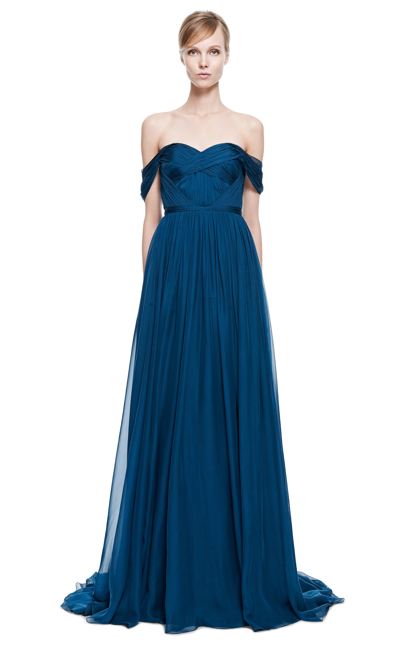 lux ruched off the shoulder chiffon gown