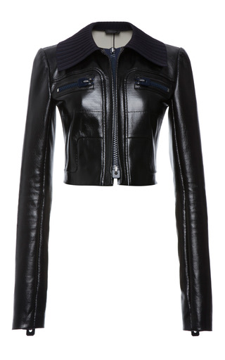 Black Textured Leather Zip Front Jacket by Calvin | Moda Operandi