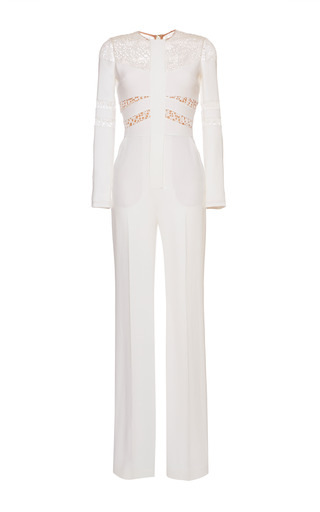 Elie Saab White Stretch Cady And Lace Jumpsuit by Elie | Moda Operandi