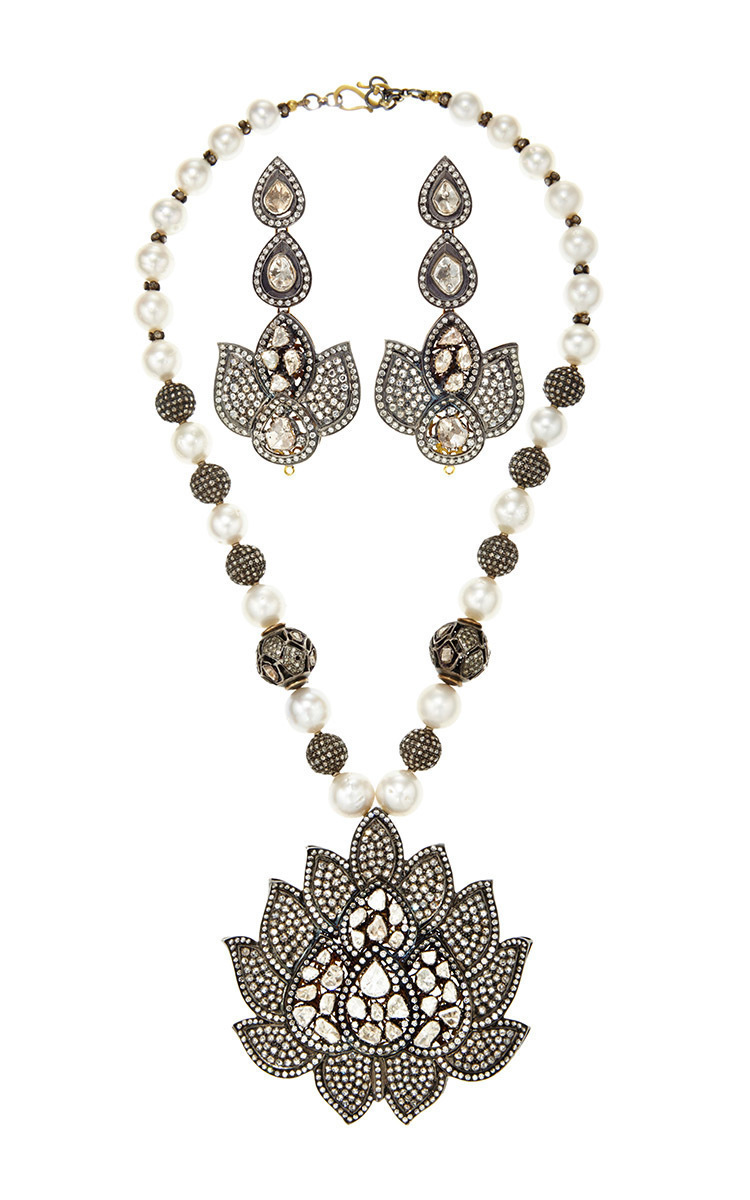 One Of A Kind Diamond And Pearl Earrings Necklace Set By Pearl Earrings And Necklace Set