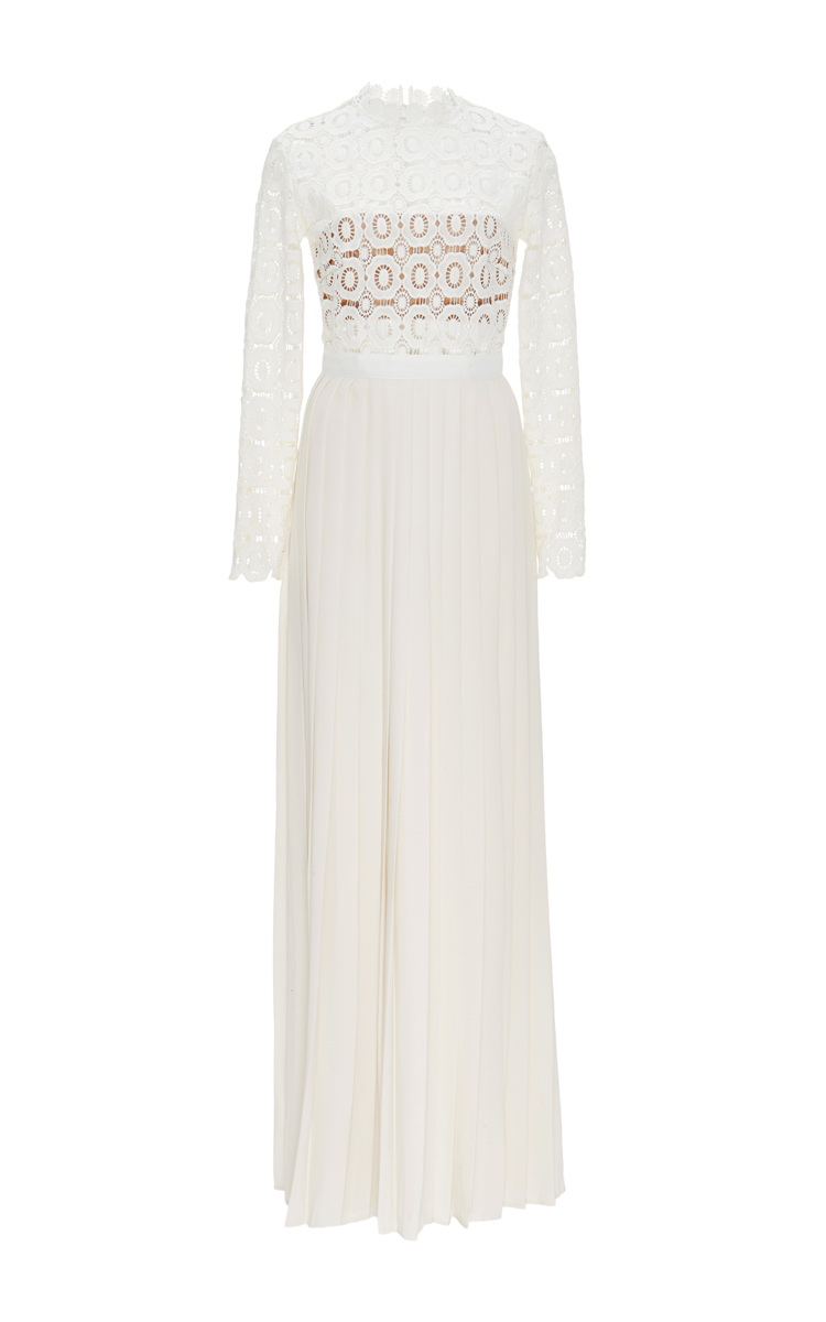 pleated crochet floral maxi dress