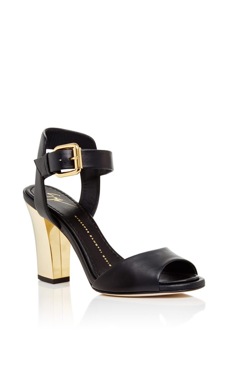 black sandals with gold heel