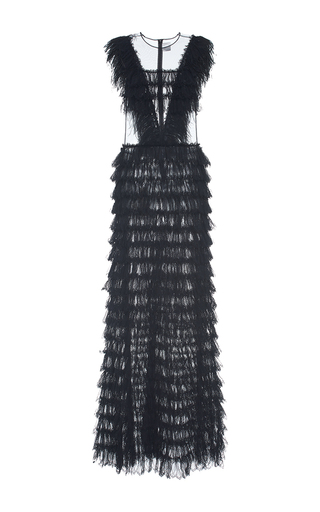 Ruffled Dress with Deep V-Neck Feather Detail by | Moda Operandi