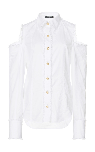 Frayed Cold Shoulder Button Up Shirt by Balmain | Moda Operandi