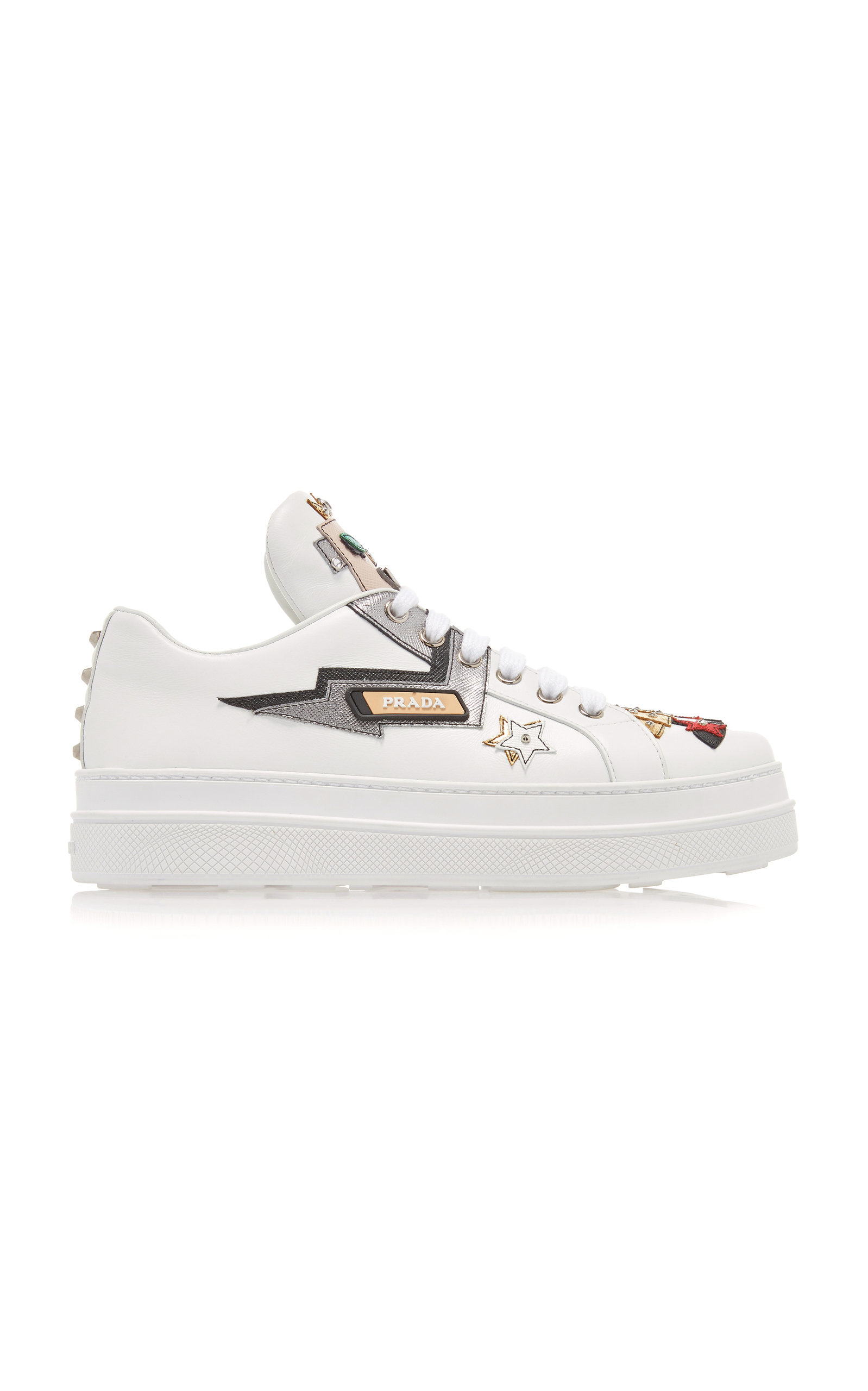Prada - Women's Appliquéd Leather Platform Sneakers - White - IT 35 - Moda Operandi