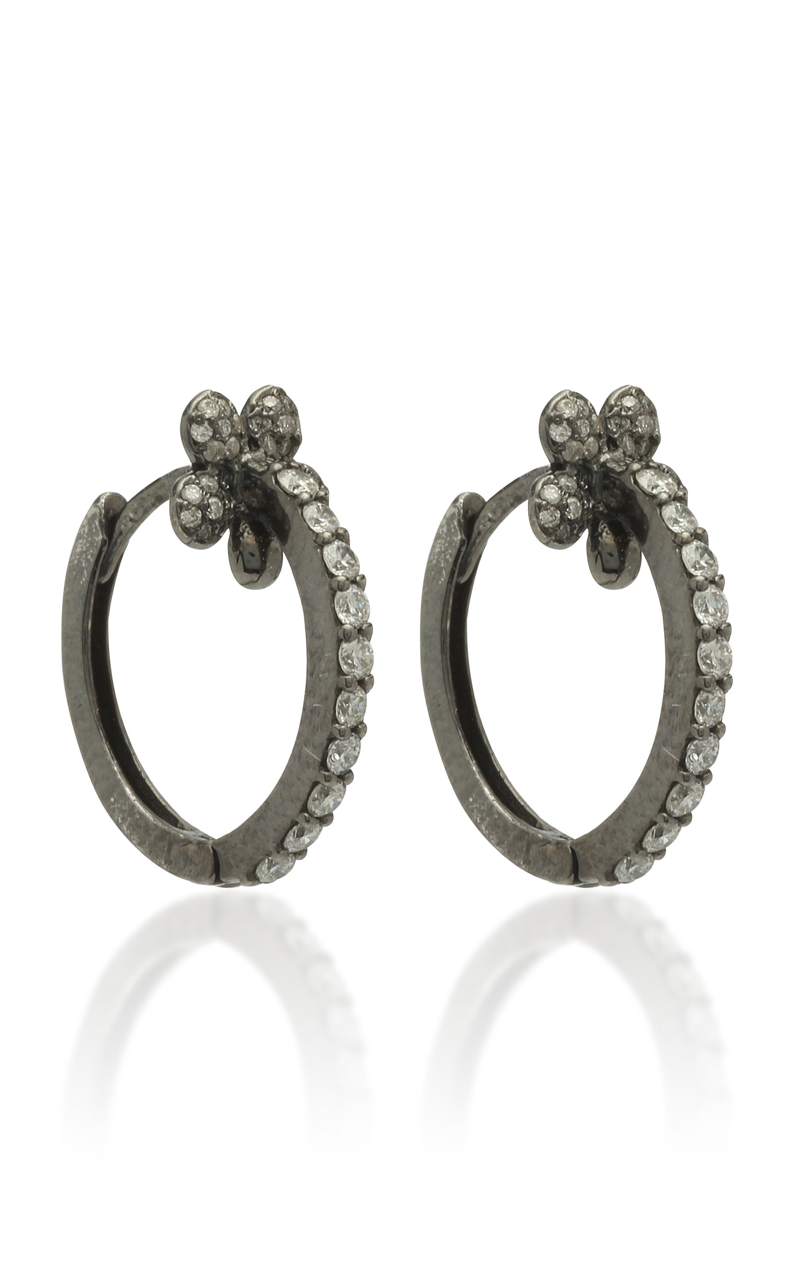 Mini Petite Flower 18k Black Gold And Diamond Hoop Earrings By
