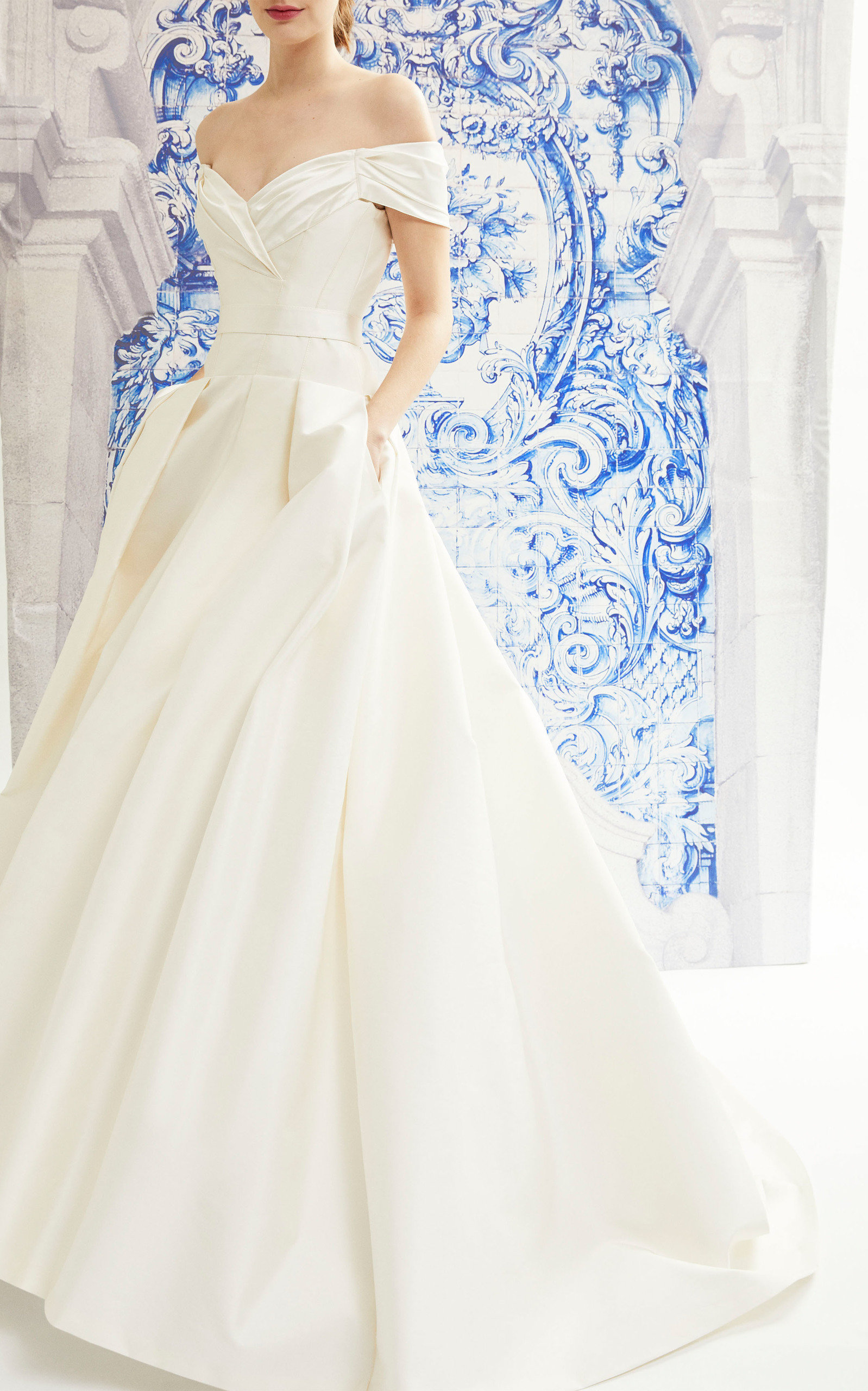 off shoulder silk wedding dress