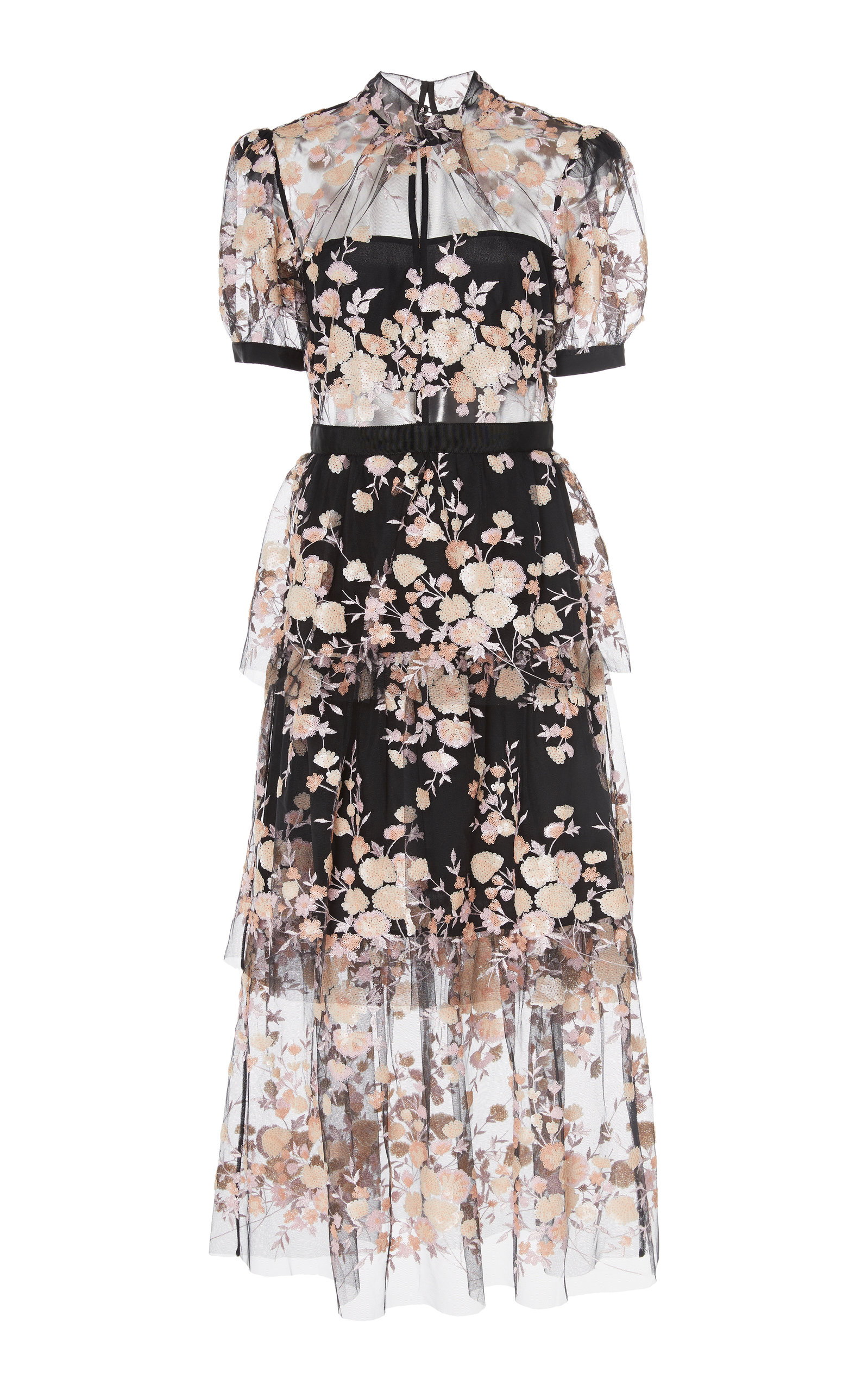self portrait tiered floral embroidered mesh midi dress