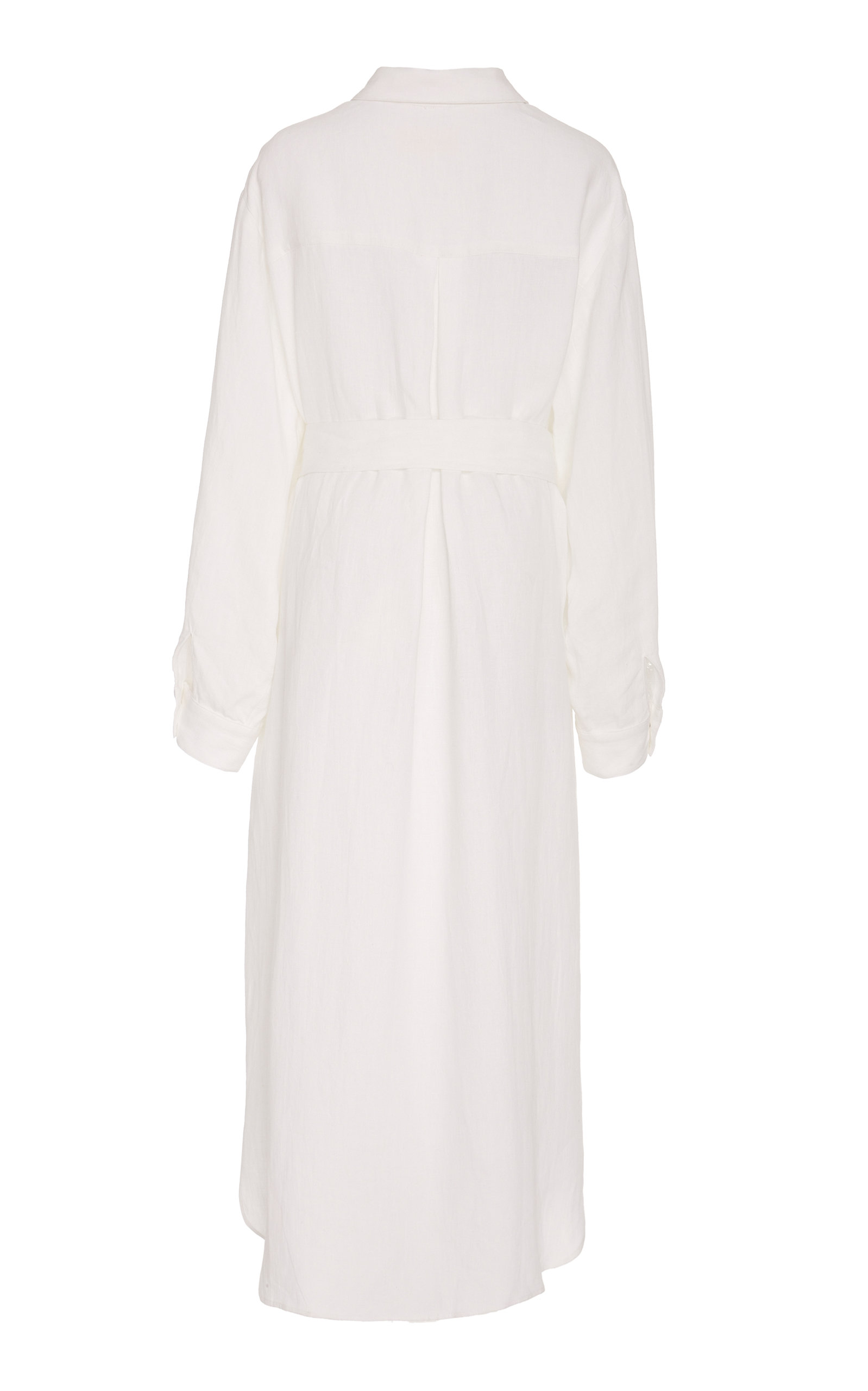 white linen belted dress