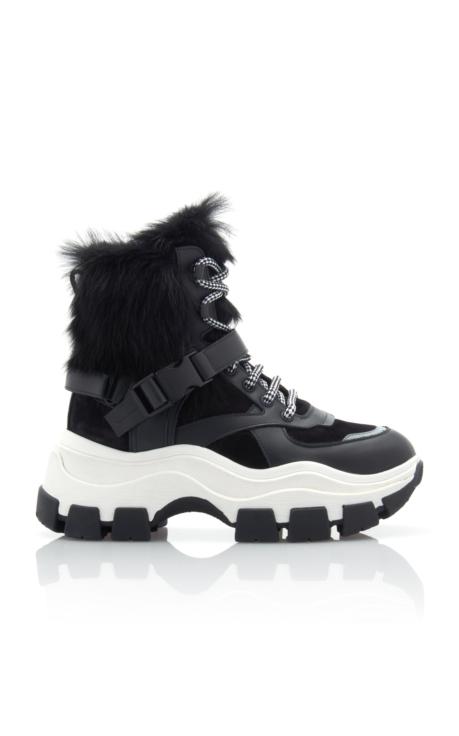 Prada - Women's Fur-Trimmed Leather And Rubber High-Top Sneakers - Black/white - IT 40.5 - Moda Operandi