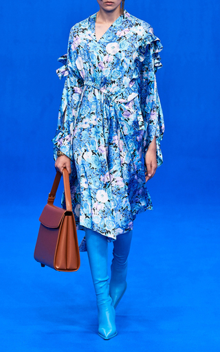 Asymmetric Floral Silk Satin Midi Dress展示图