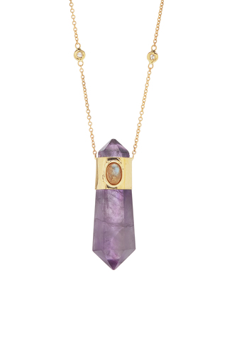 14K Yellow Gold Labradorite and Amethyst Double Point Crystal Necklace展示图