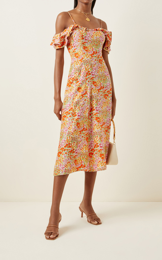 Ruby Ruffled Floral Silk Off-The-Shoulder Midi Dress展示图