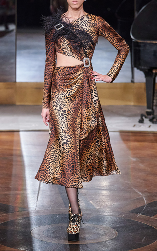 Feather Embellished Leopard-Print Midi Dress展示图
