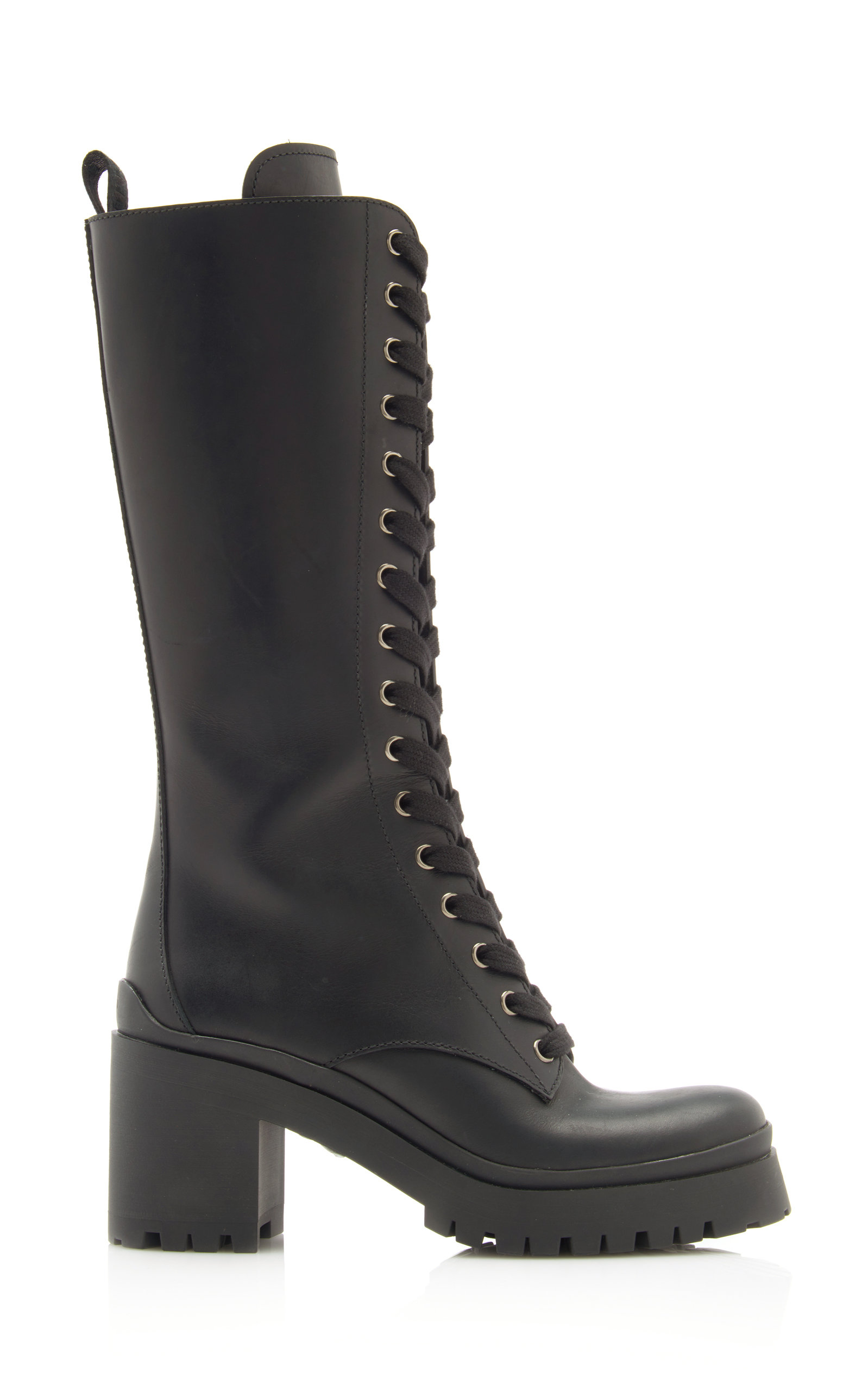 Miu Miu - Women's Lace-Up Leather Knee-Length Combat Boots - Black - IT 35.5 - Moda Operandi