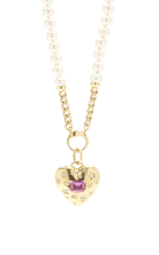 18K Yellow Gold Anniversary Small Puffed Pink Sapphire Heart Pendant on Cultured Pearl Chain展示图