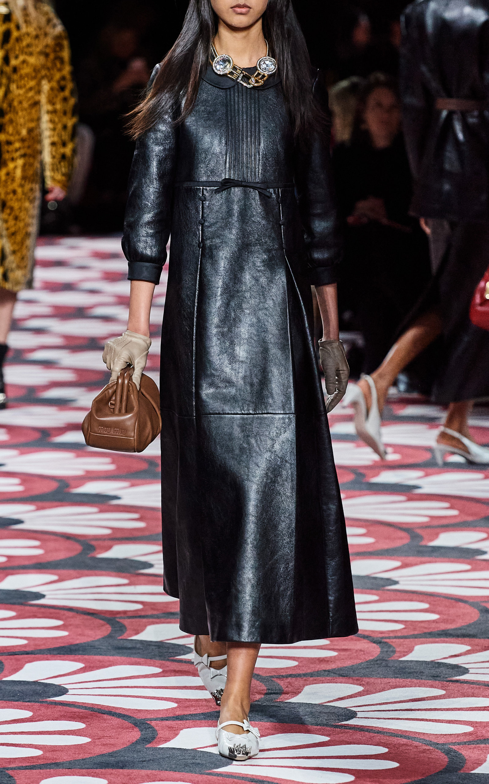 Miu Miu - Women's Bibbed Leather Midi Dress - Black - Moda Operandi