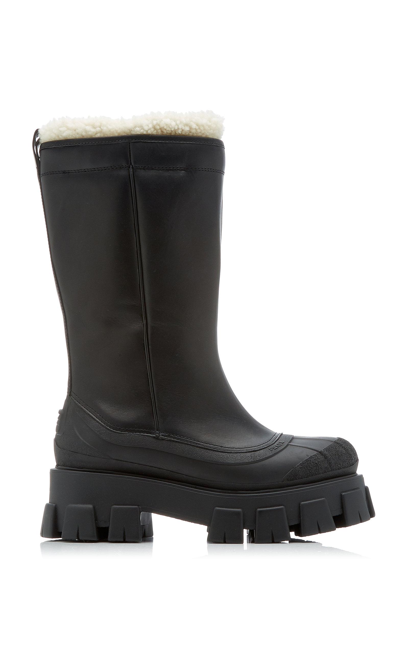Prada - Monolith Shearling-Trimmed Leather Boots - Black - IT 38 - Moda Operandi