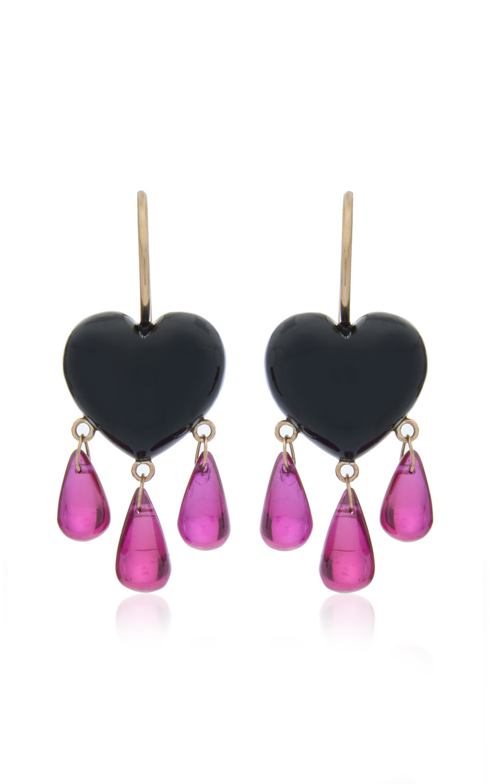 Bleeding Heart 14K Gold Onyx; Ruby Earrings