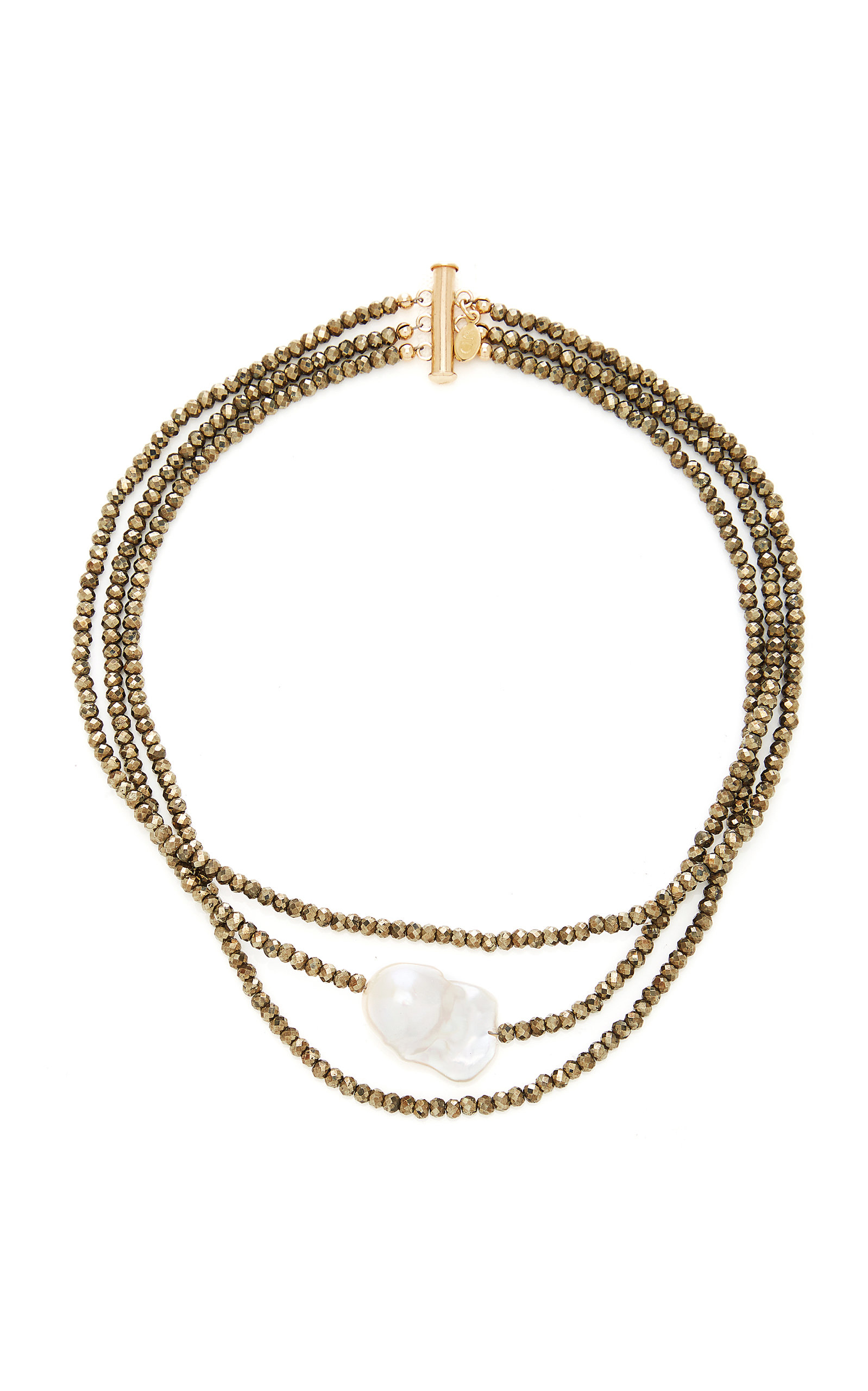 Triple Strand Gold-Filled; Pyrite and Pearl Choker