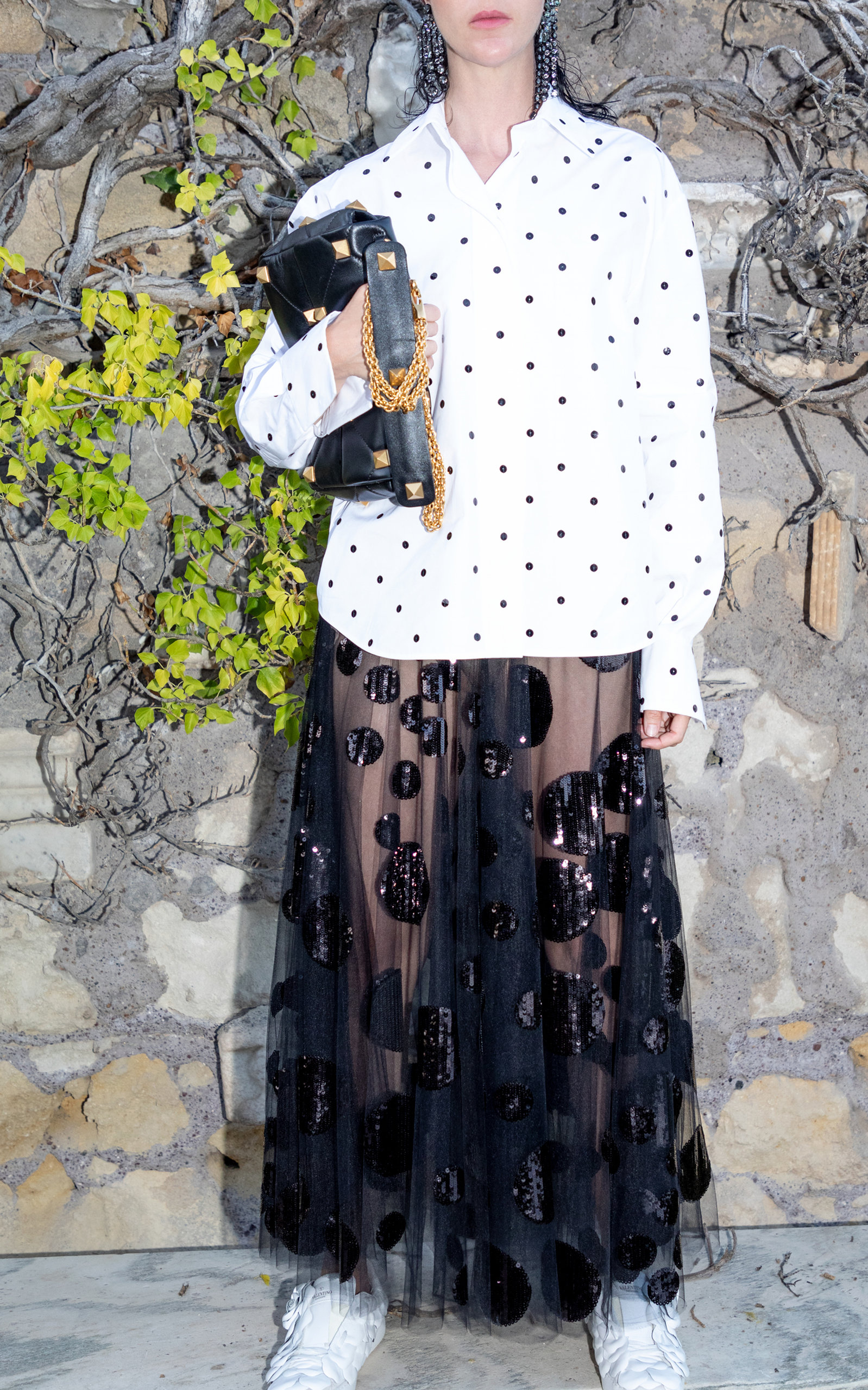 Valentino Sequin-embellished Polka-dot Cotton-poplin Shirt In White