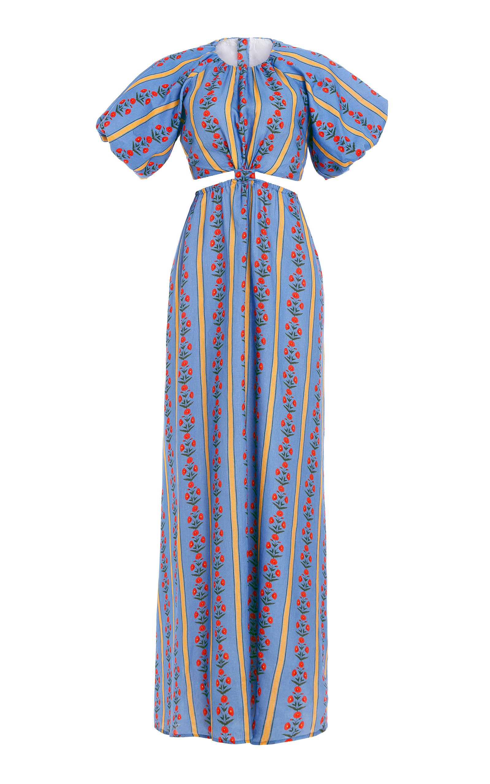 Agua By Agua Bendita Laurel Cutout Carmina-print Linen Maxi Dress In Blue