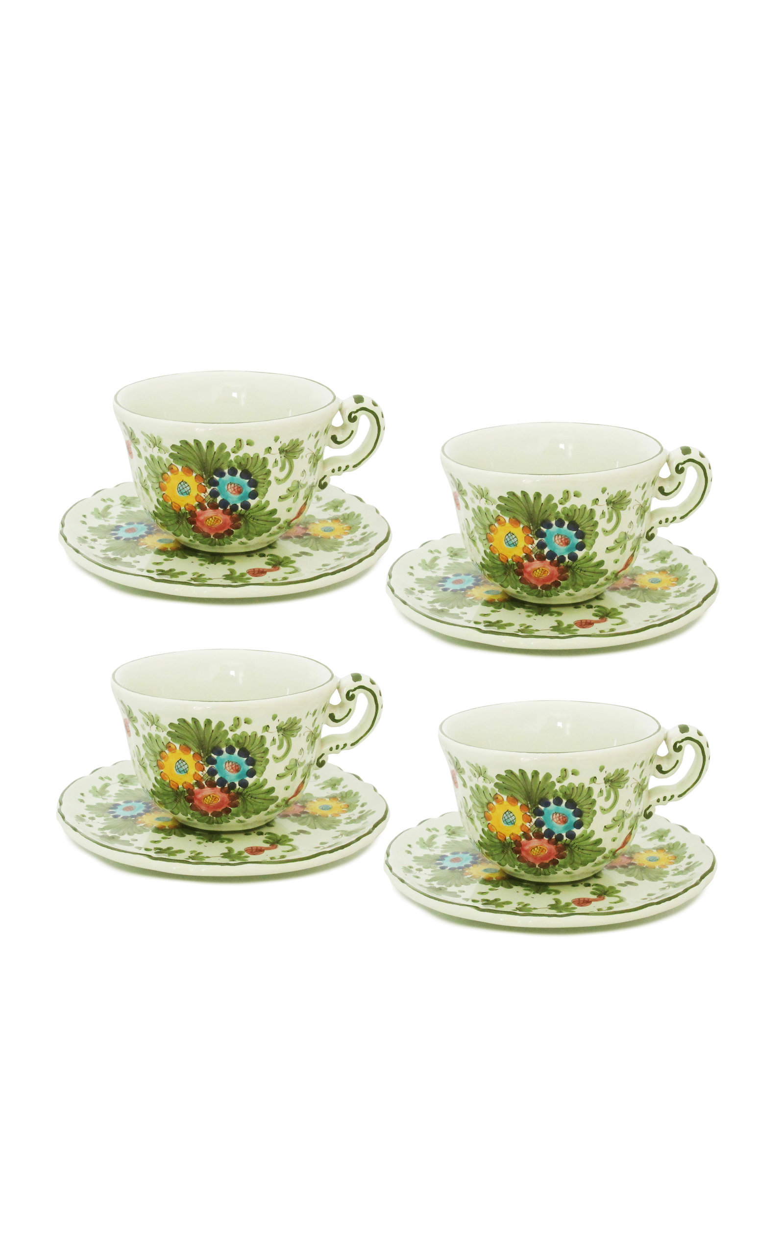Moda Domus Fiorito by MODA DOMUS; Set-Of-Four Hand-painted Ceramic Teacup and Saucer - Green