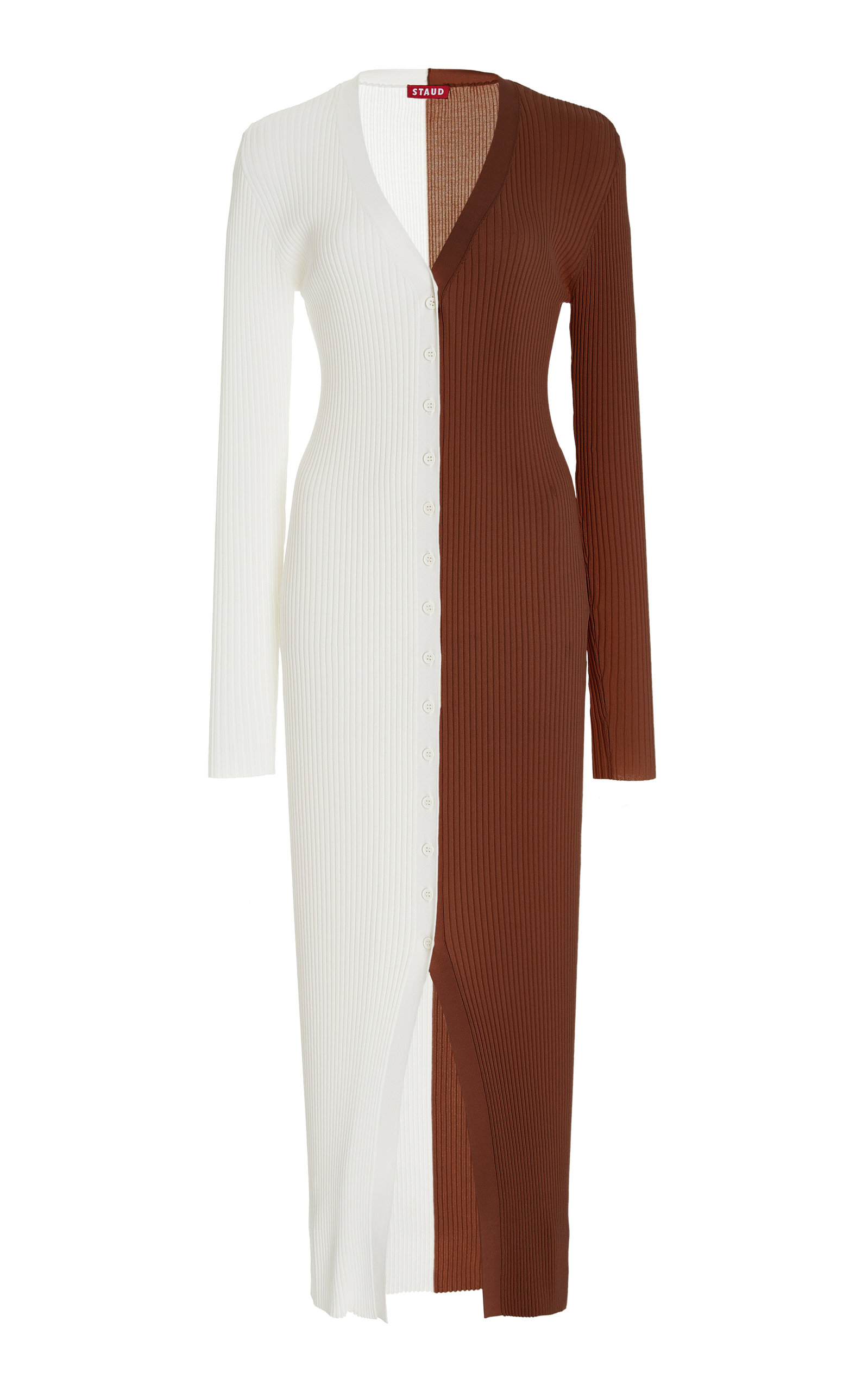 Staud Shoko Two-tone Ribbed Stretch-knit Cardigan In Multi,tan