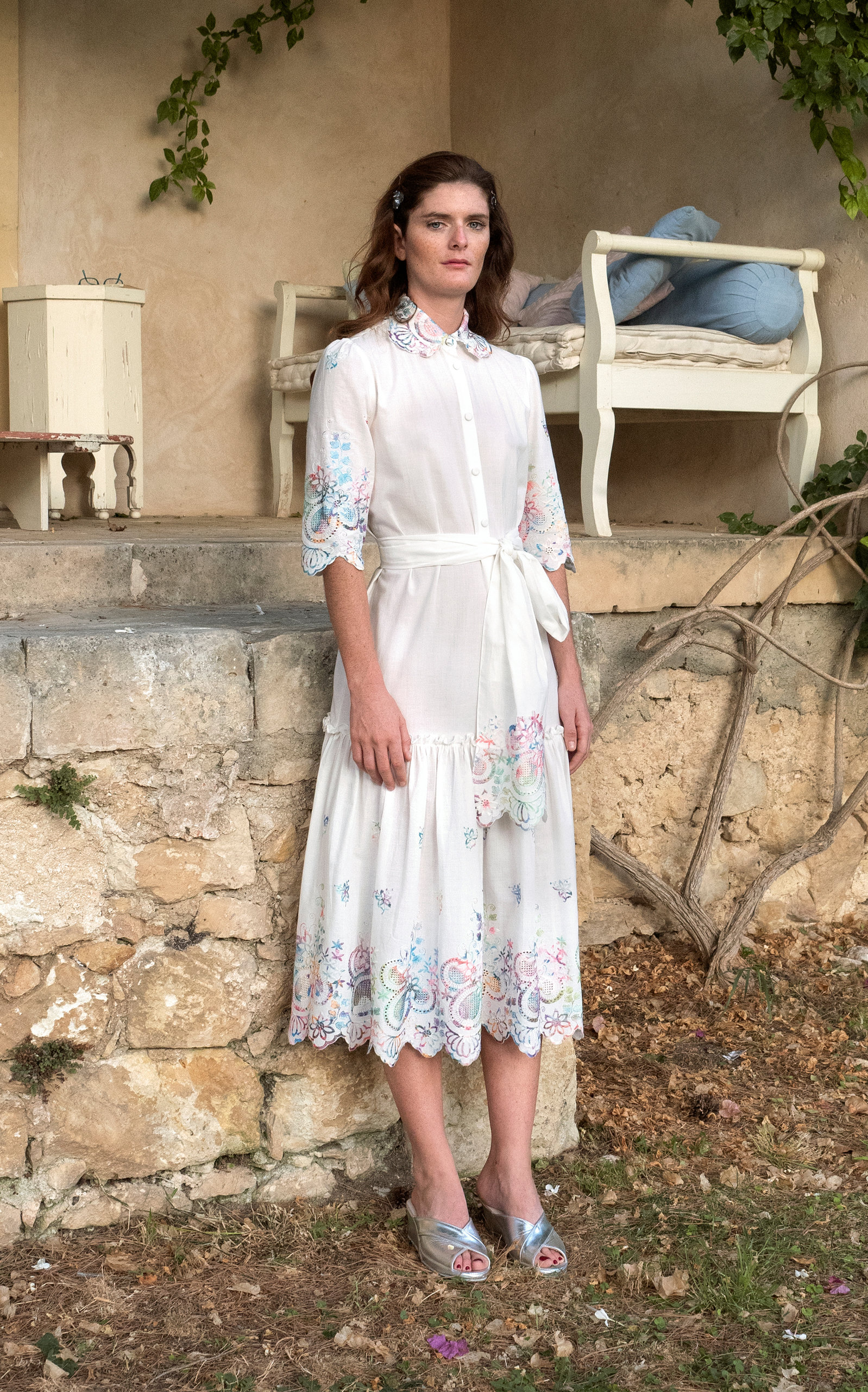 LUISA BECCARIA EMBROIDERED COTTON-BLEND SHIRT DRESS