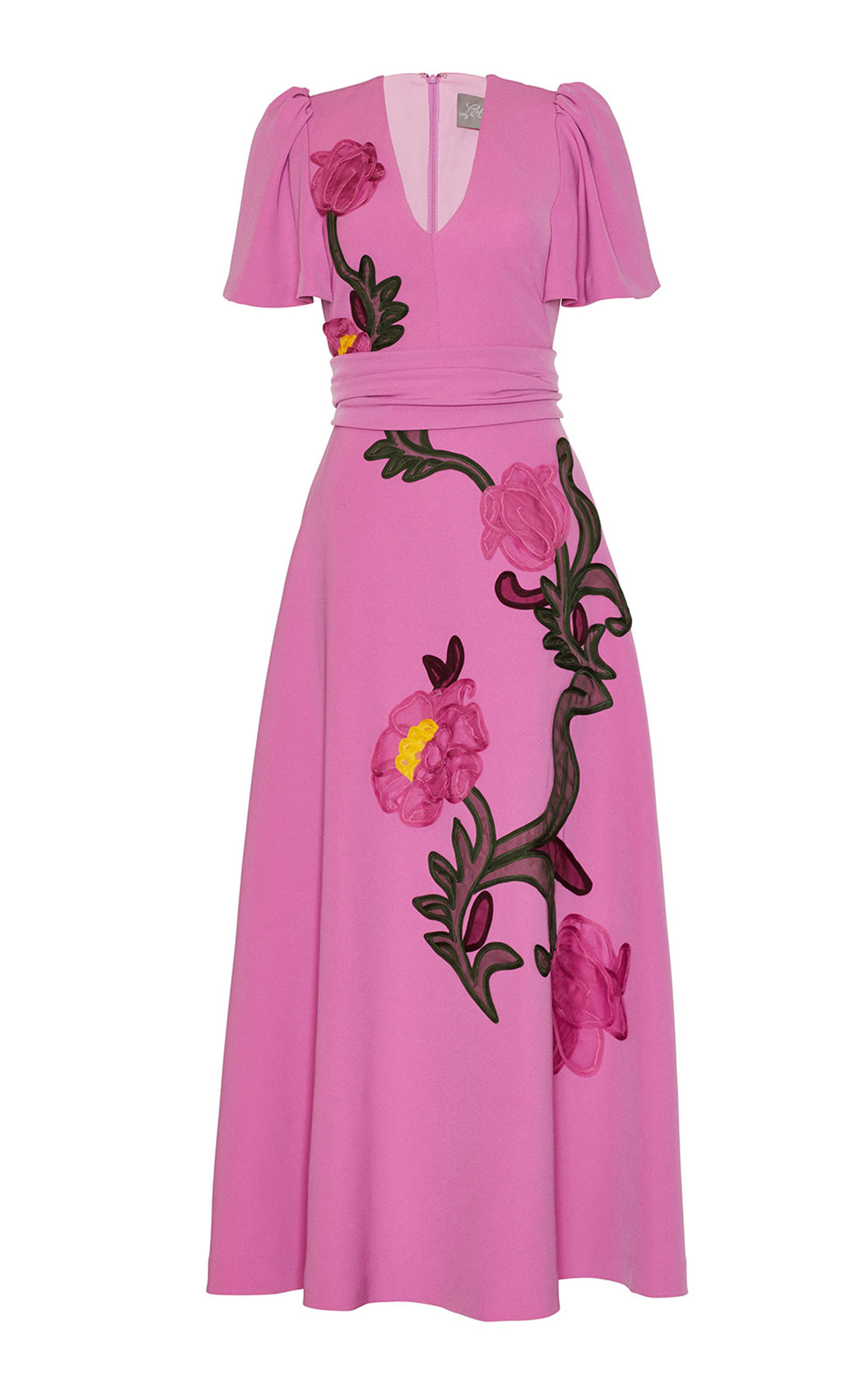 Lela Rose Floral Embroidered Fluid Crepe Flutter Sleeve Midi Dress In ...