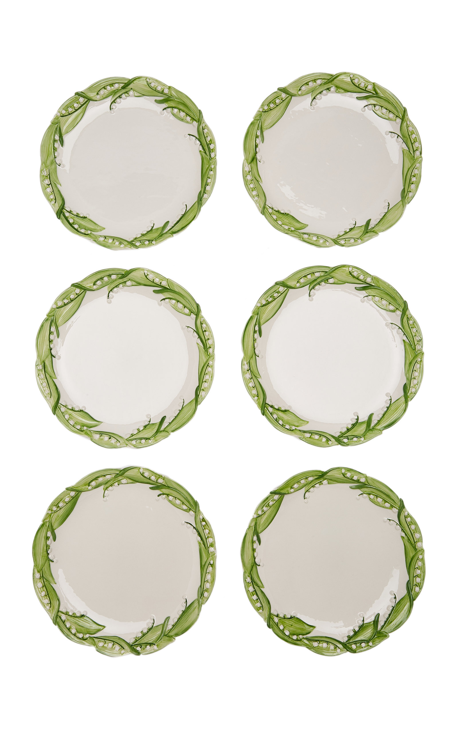 Moda Domus Set-of-six Lily Of The Valley Ceramic Dinner Plates In Green