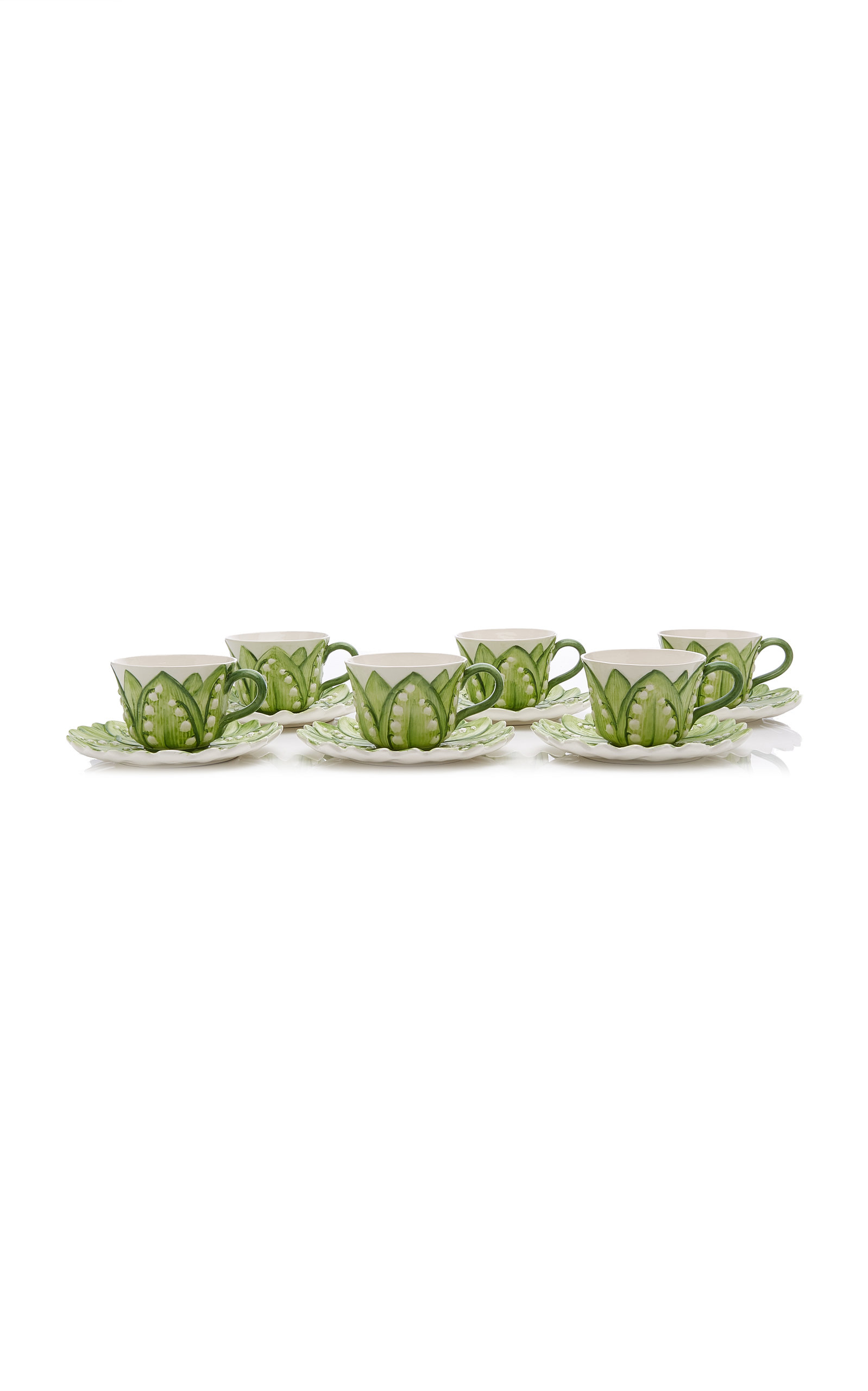 Moda Domus Set-of-six Lily Of The Valley Ceramic Breakfast Cup And Saucer In Green