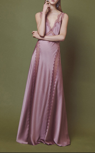 Satin Sleeveless V Neck Gown With Lace Trim展示图