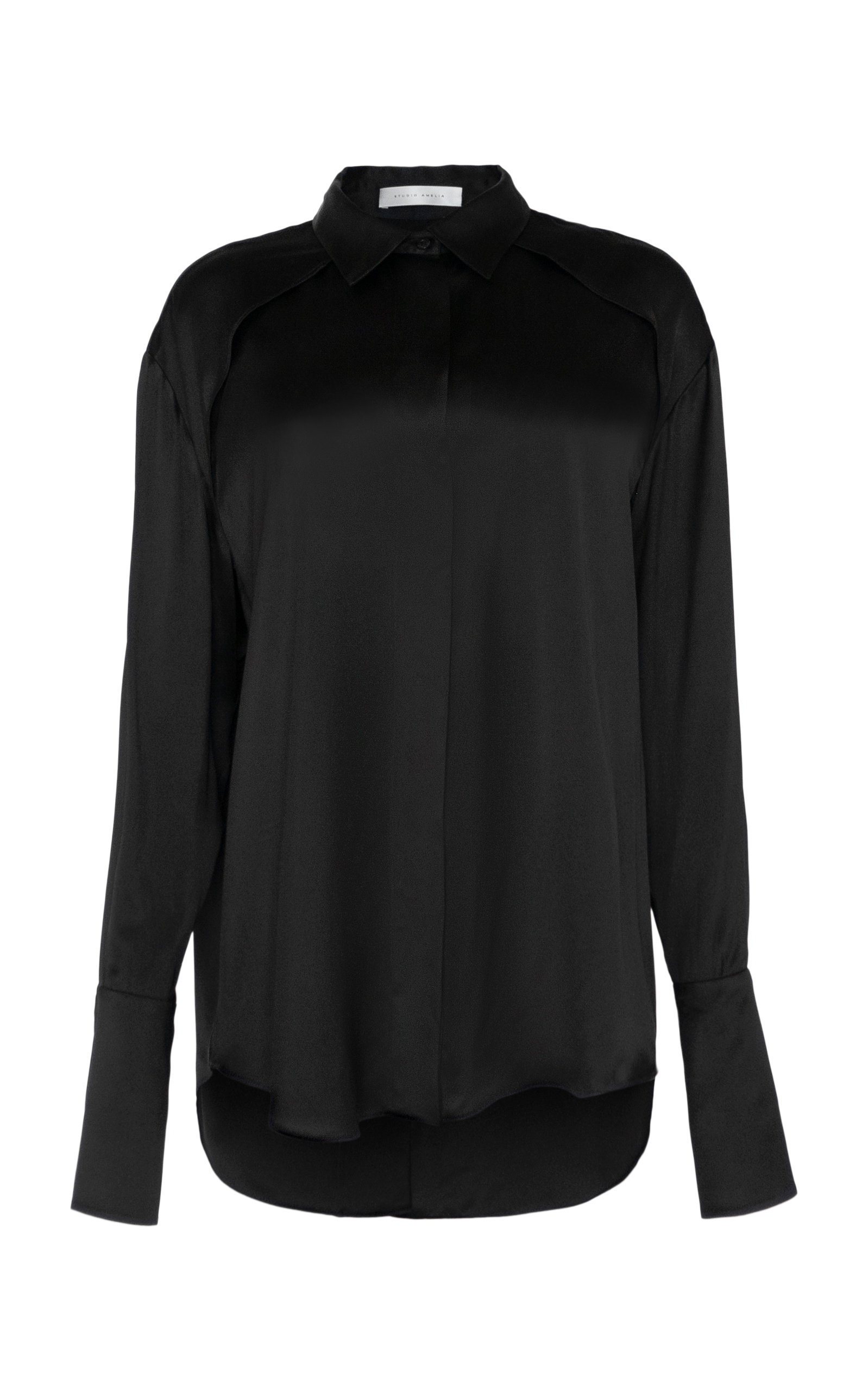 Studio Amelia Molten Yoke Satin Shirt In Black | ModeSens