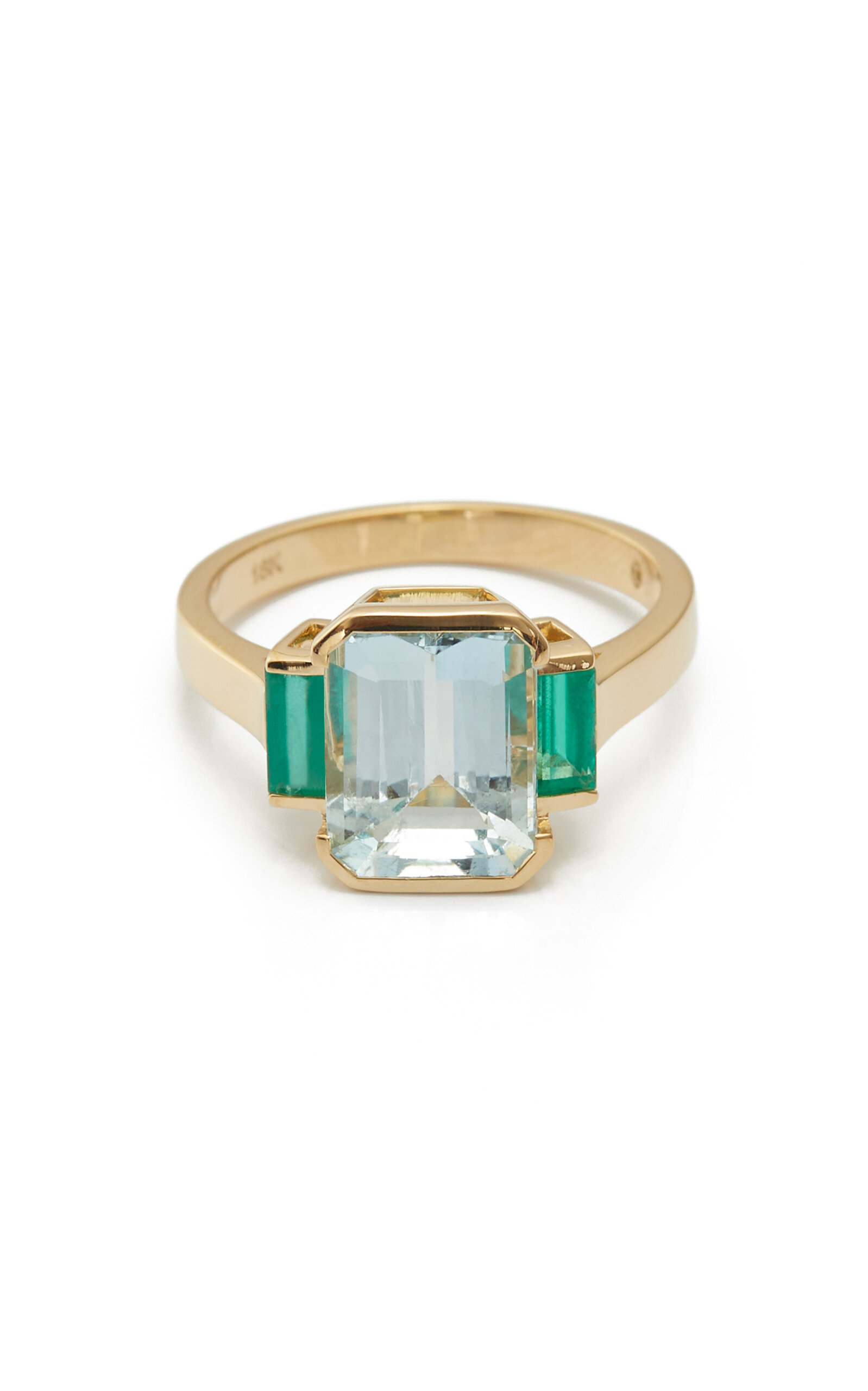 18K Gold; Aquamarine And Emerald Deco Ring