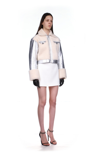 Metallic Cropped Shearling Leather Jacket展示图