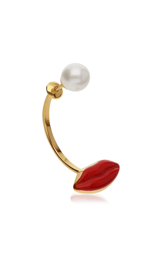 Lip Piercing Enameled 9K Yellow Gold Pearl Earring展示图
