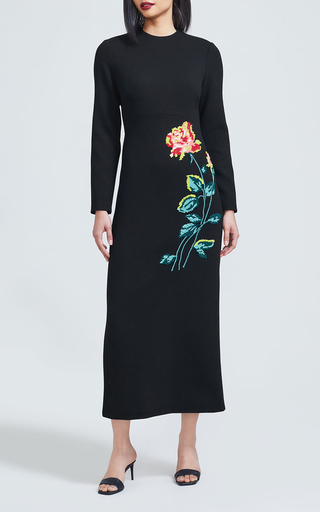 Floral Embroidered Wool Crepe Long Sleeve Column Dress展示图