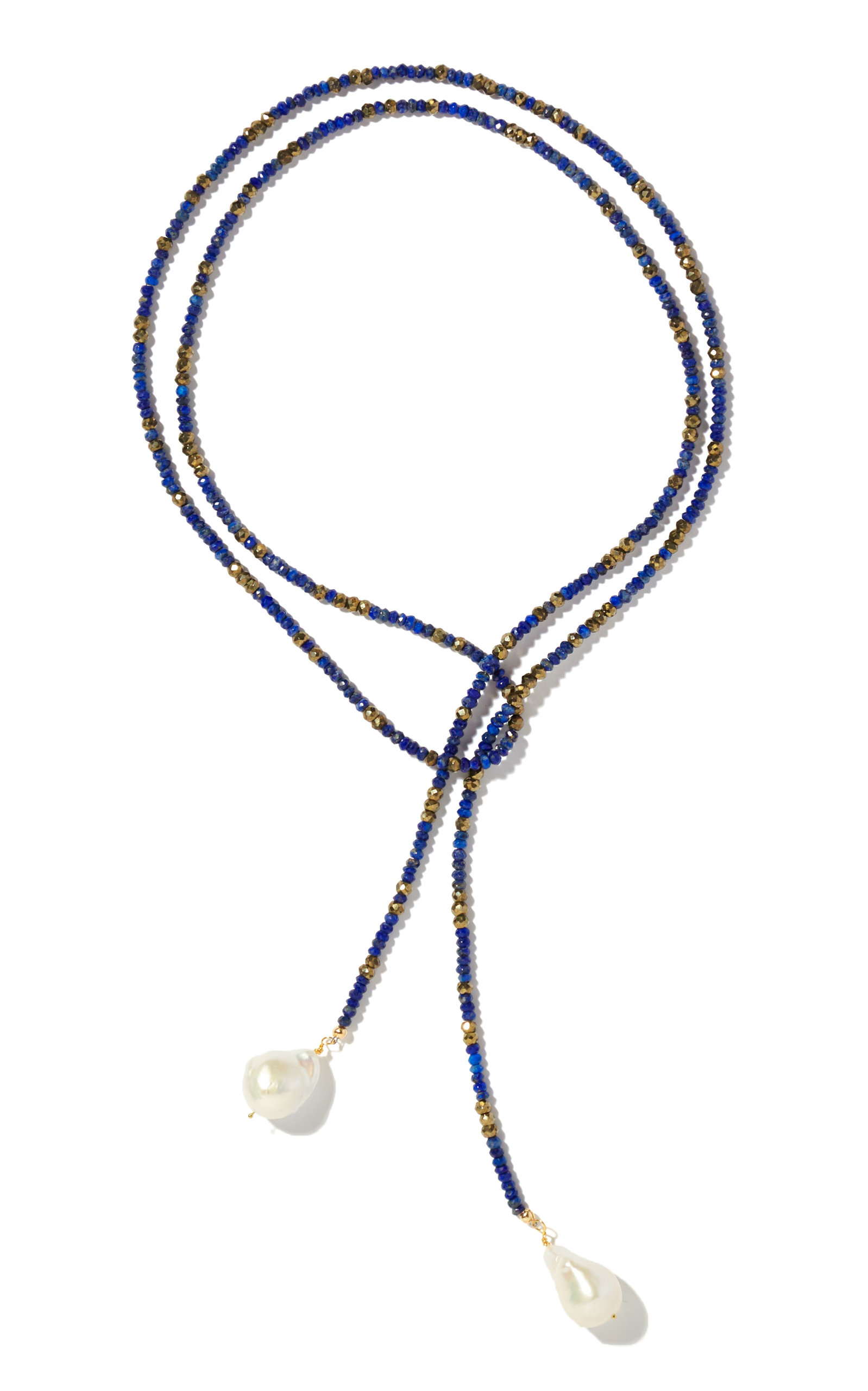 Pearl; Lapis; Pyrite Gold-Filled Lariat Necklace
