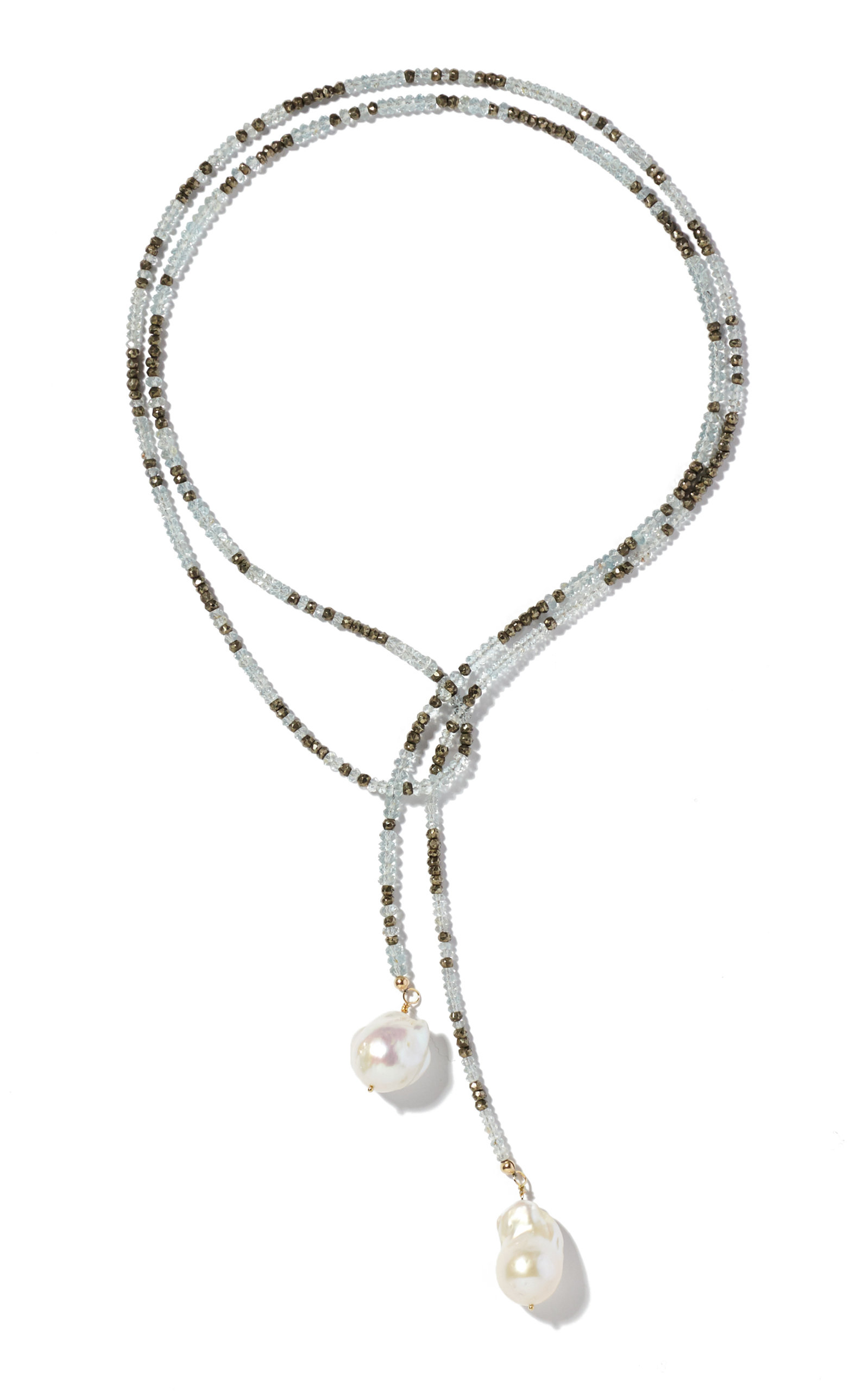 Pearl; Aquamarine; Pyrite Gold-Filled Lariat Necklace