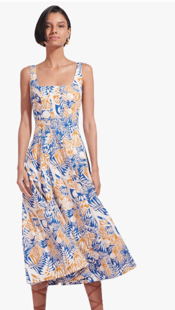 Staud Wells Abstract Print Stretch Cotton Midi Dress In Print,tan