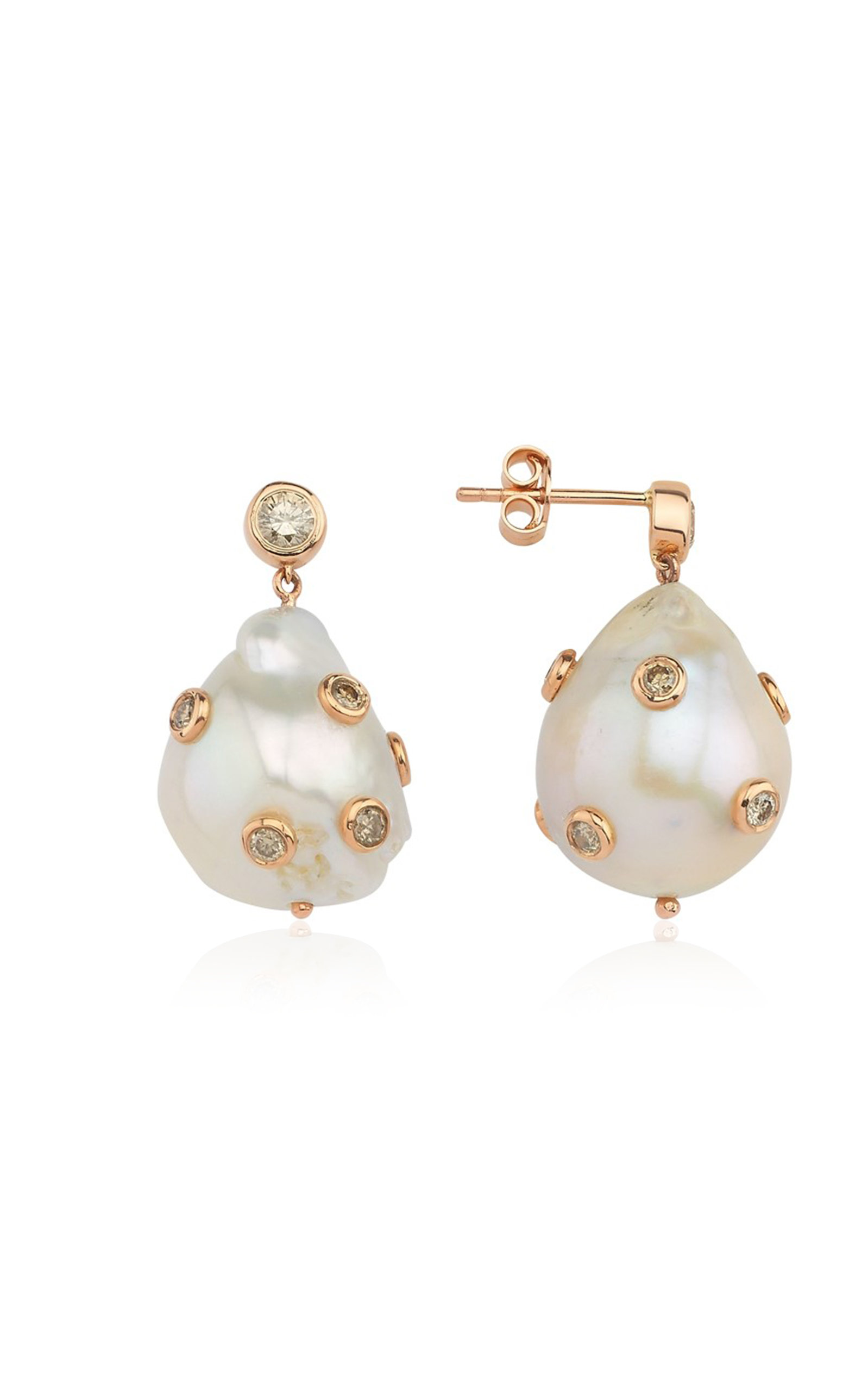 14K Rose Gold Pearl; Diamond Earrings