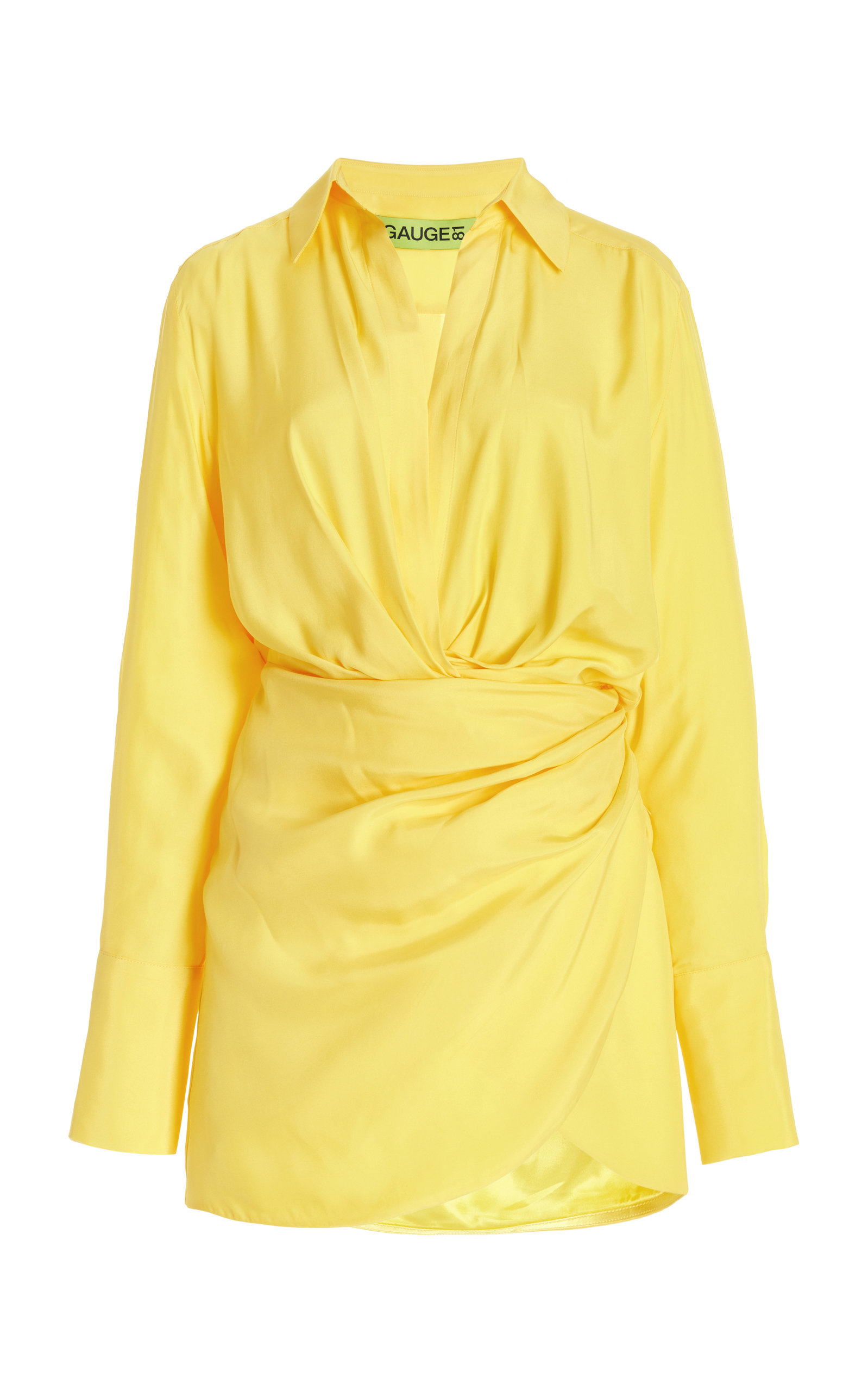Gauge81 Naha Draped Silk-satin Mini Shirt Dress In Yellow