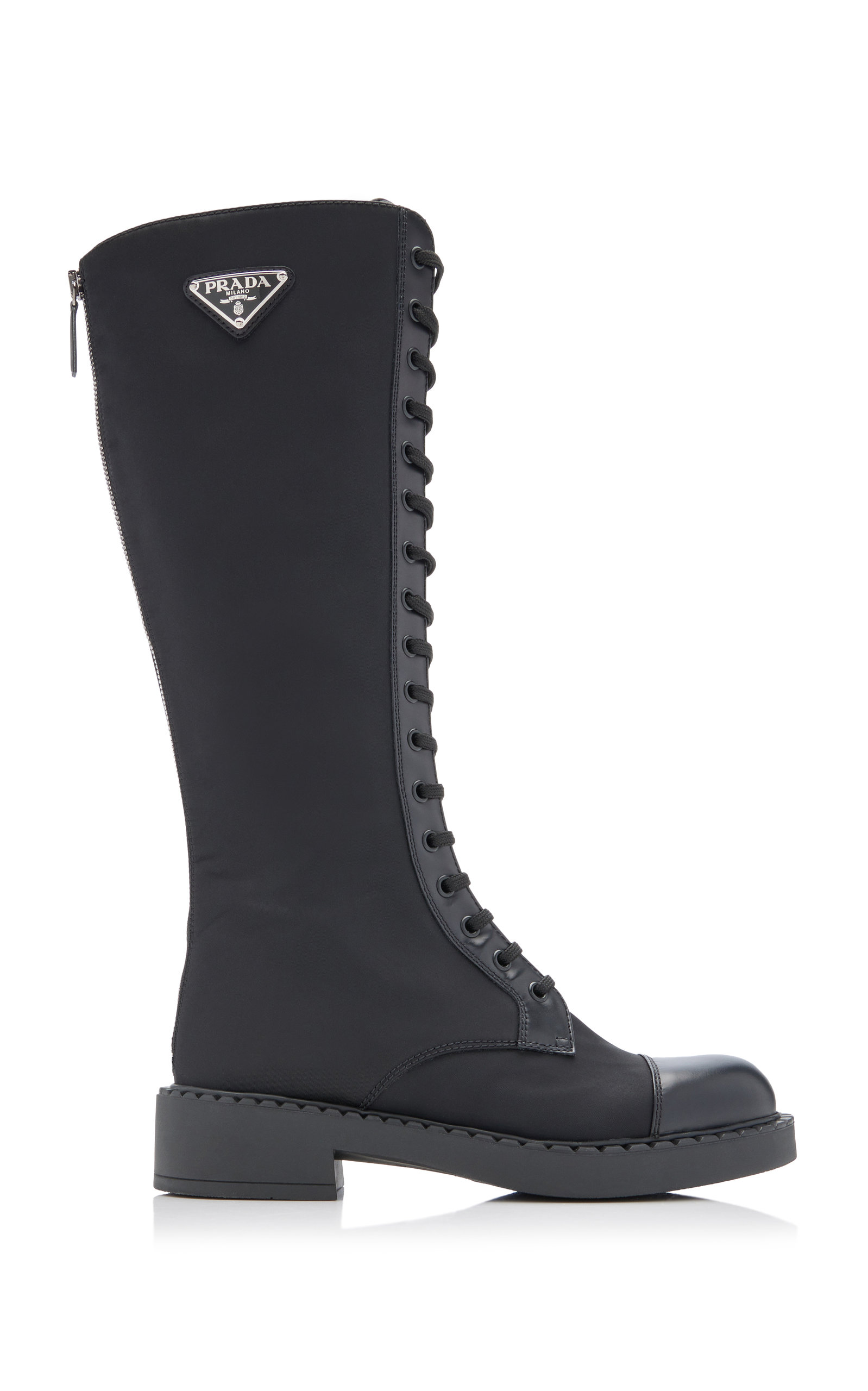 Prada - Women's Leather-Trimmed Nylon Lace-Up Knee Boots - Black/neutral - Moda Operandi