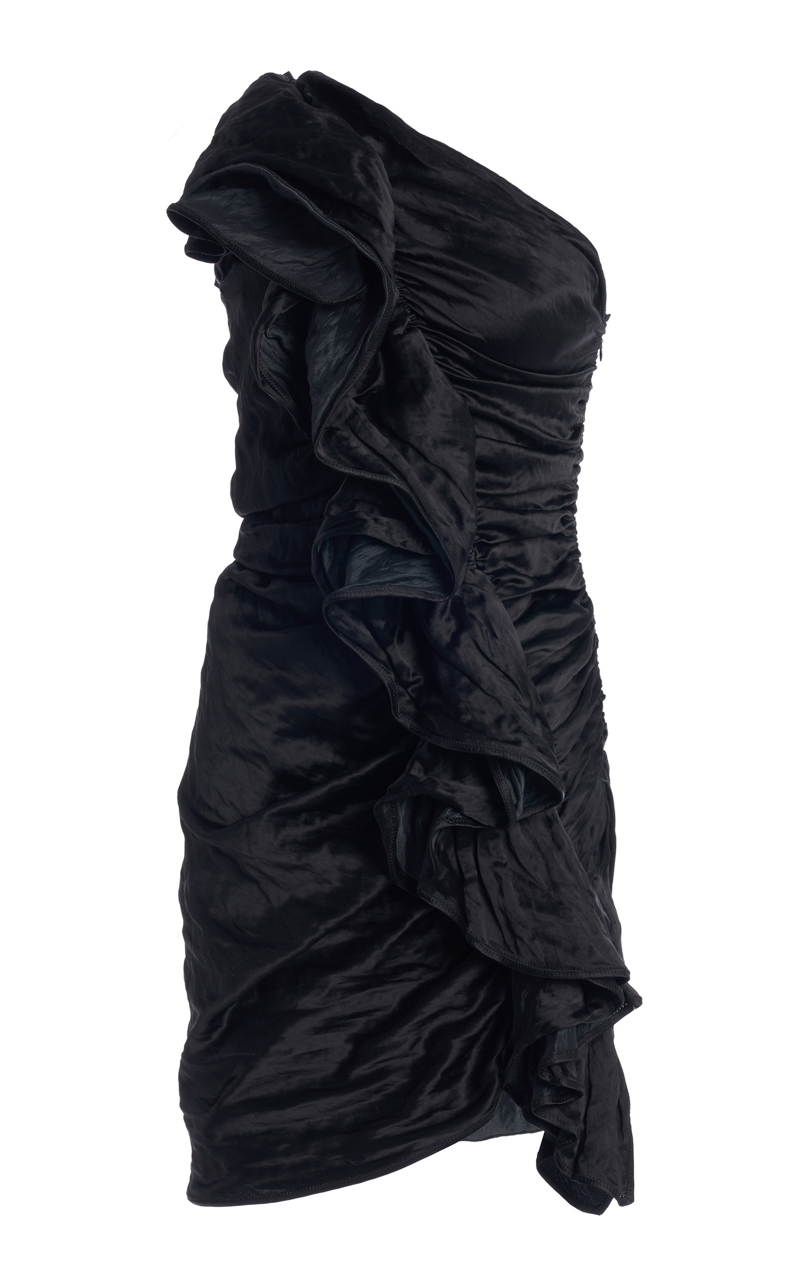 Bottega Veneta One-shoulder Ruffled Cotton And Satin Blend Mini Dress In Black