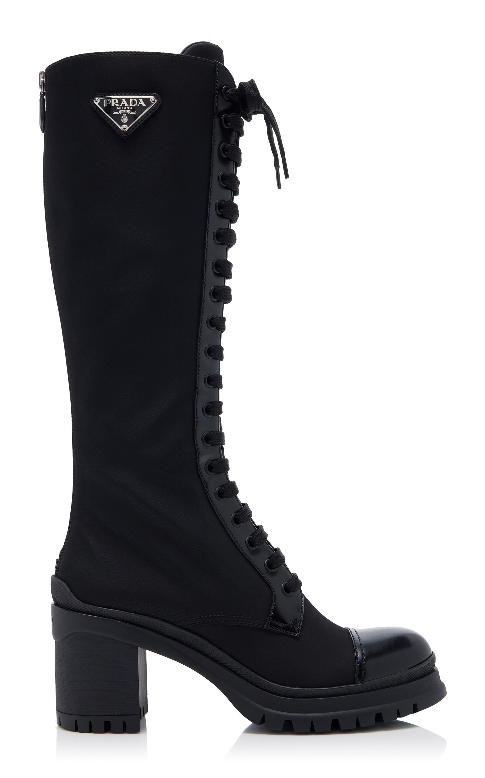 Prada - Women's Tronchetti Nylon; Leather Knee Boots - Black - IT 36 - Moda Operandi