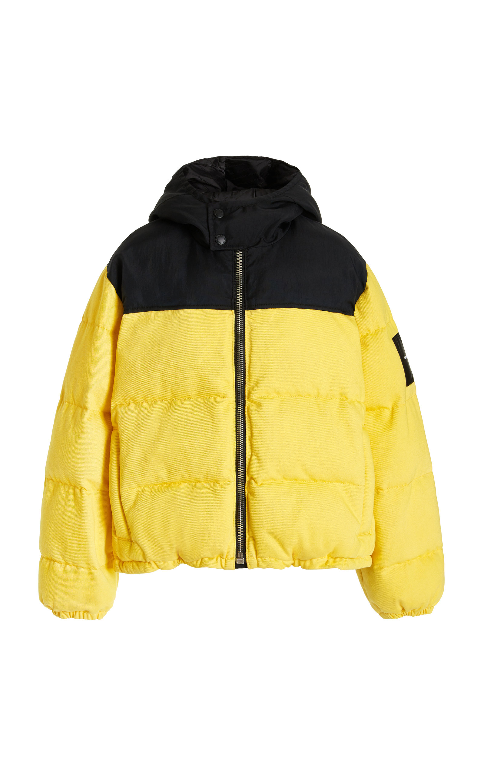 Alexander Wang Colorblock Hooded Denim Puffer Jacket In Yellow