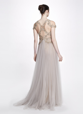 Embroidered Pleated Tulle Sleeveless Gown展示图