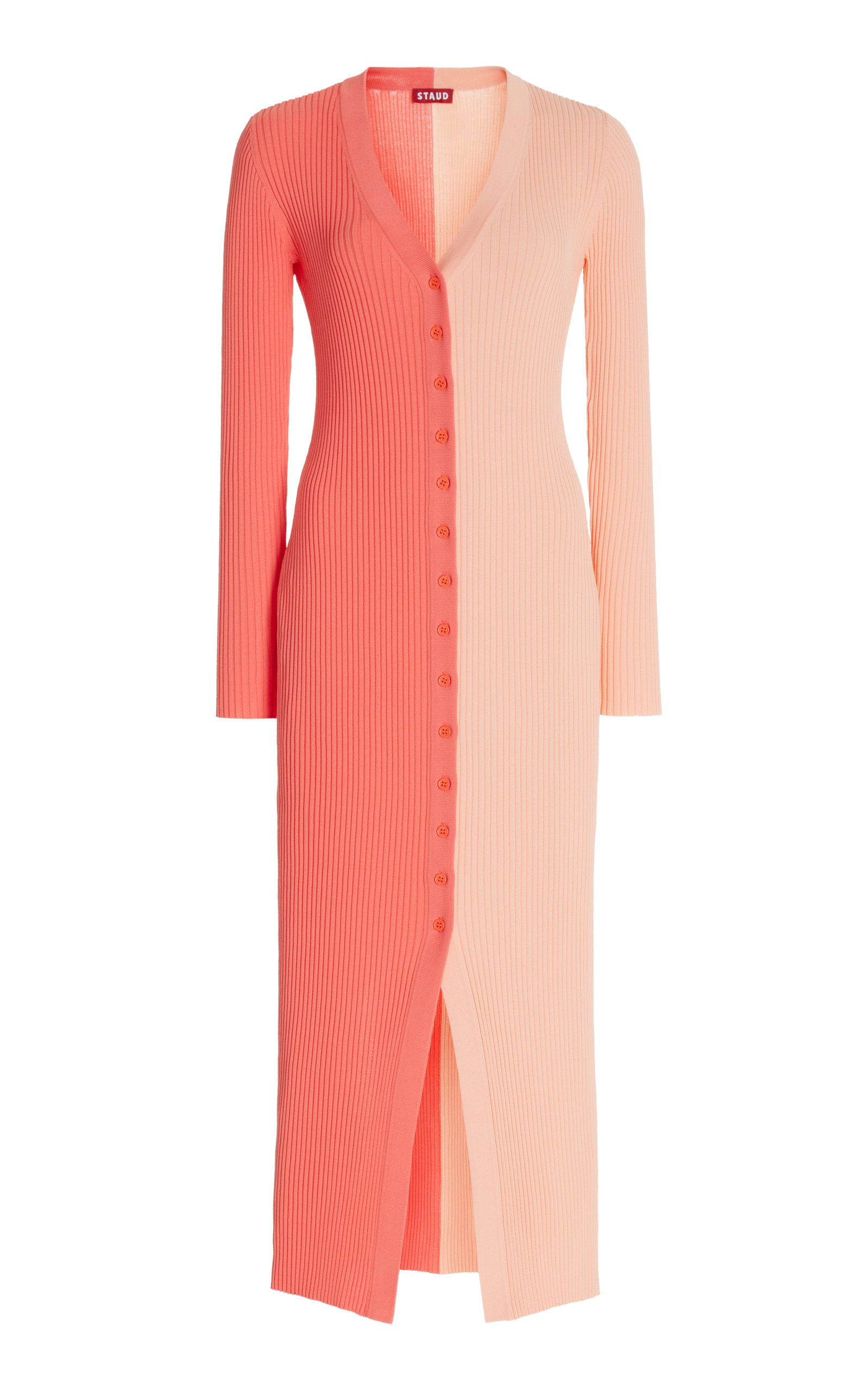 Staud Shoko Two-tone Ribbed Stretch-knit Cardigan In Pink
