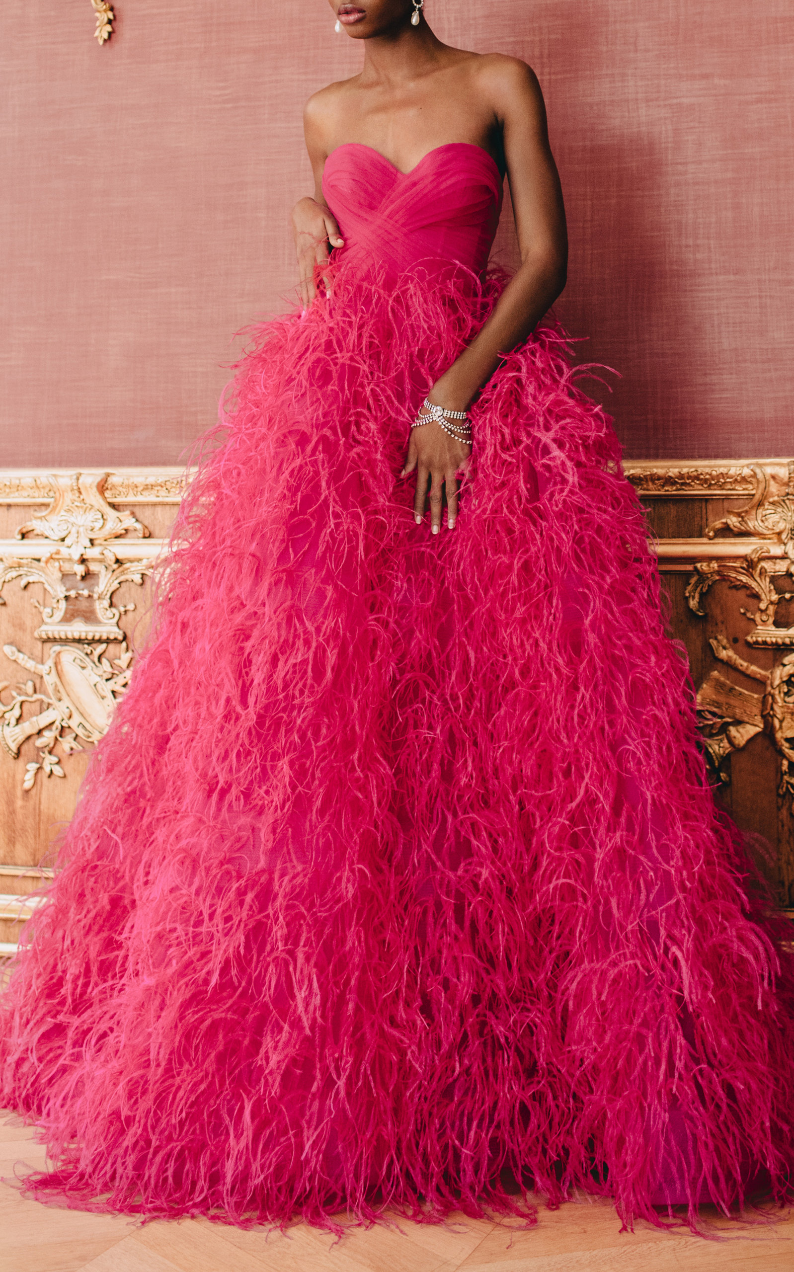 Feathered Strapless Ball Gown 